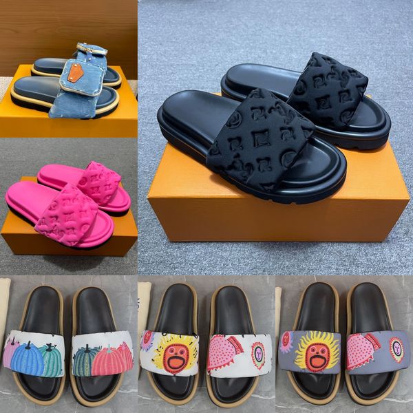 With box Slides Slippers Designer Pool Pillow Men Sandals Women Platform Slipper Classic Brand Summer Beach Scuffs Flat Comfort Mule Denim Embossed Slide Sandals