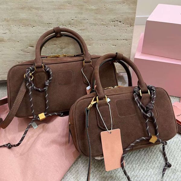 Womens Bowling Tote Bags Designer Handbags Suede Brown Maillard Leather Suede Luxury Detachable Strap, Retro Top-Handle Handbag Totes Crossbody Bags