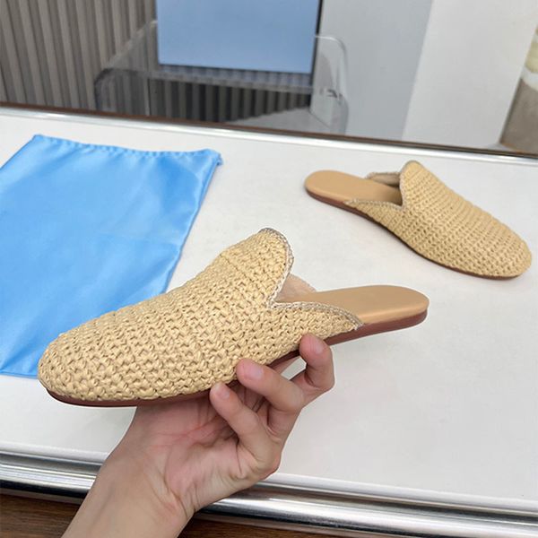 Woven Raffia Straw Loafers Women Crochet Mules Designer Slippers Triangle Mark Beige Black Mule Sandal 1079