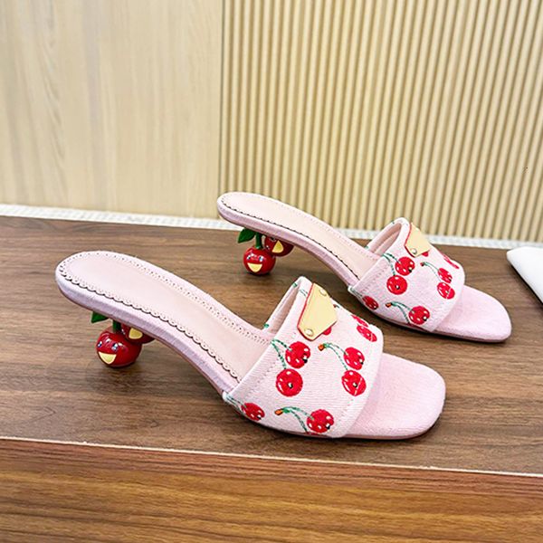 Women Heels Designer Cherry Sandals High Heeled Slippers Summer Women Sandals Denim Sandals No Box 879